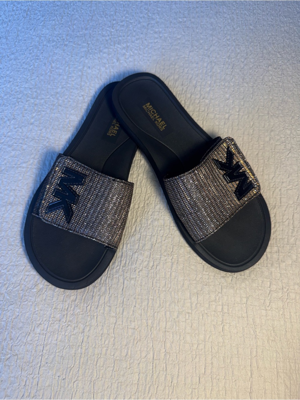 Michael Kors Black and Metallic Slide Sandals Size 5/5.5